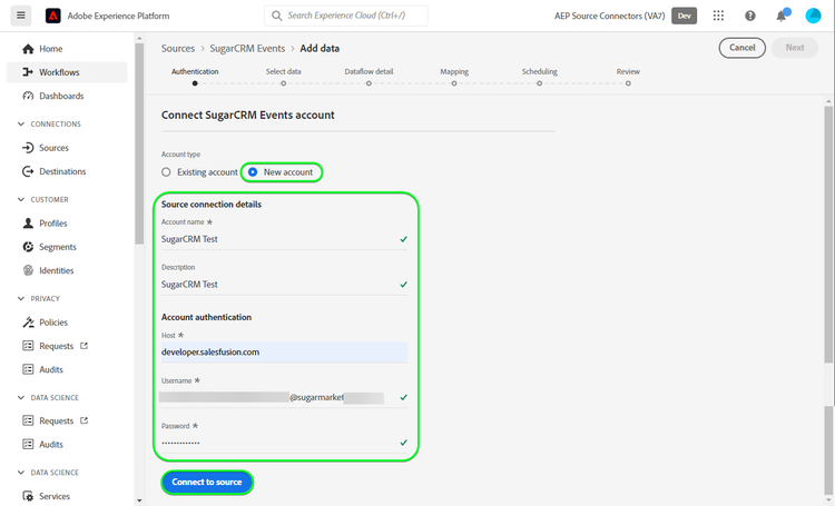 Copie d’écran de l’interface utilisateur de Platform pour le compte Connect SugarCRM Events avec un nouveau compte