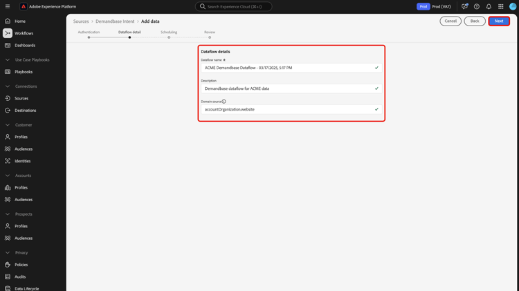 Étape des détails du flux de données du workflow source.