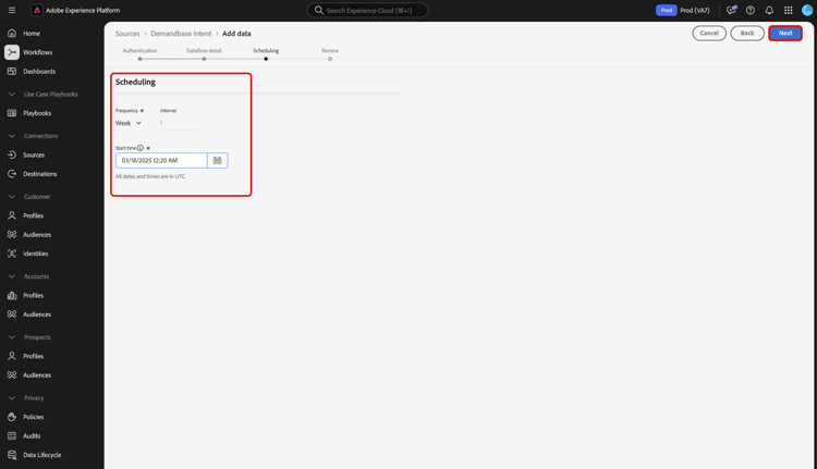 Interface de planification du workflow des sources.