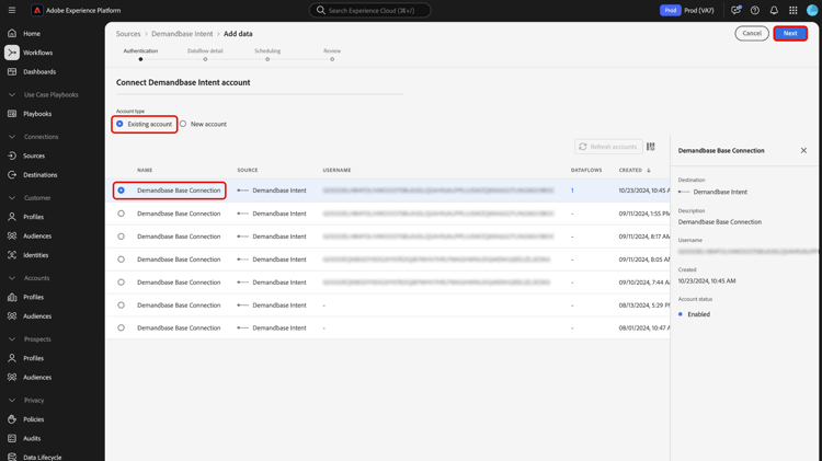 Interface de compte existante du workflow des sources.