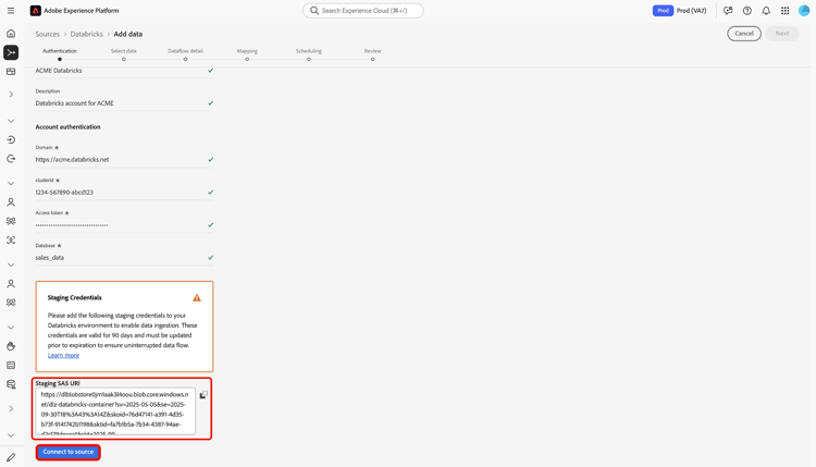 Informations d’identification d’évaluation de l’URI SAS.