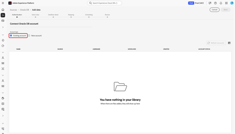 Interface des comptes existants dans le workflow des sources avec « Compte existant » sélectionné.