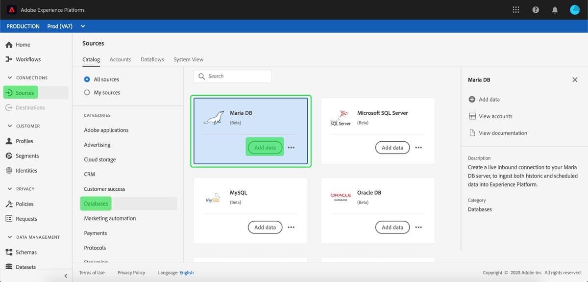Création d’une connexion source MariaDB dans l’interface utilisateur