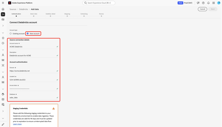 Nouvelle interface de compte dans le workflow des sources avec un nom de compte et une description facultative fournis.