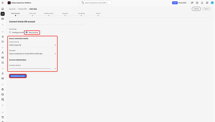 Nouvelle interface de compte dans le workflow des sources avec « Authentification de chaîne de connexion » sélectionné.