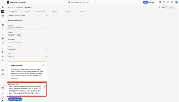 Informations d’identification d’évaluation de l’URI SAS.