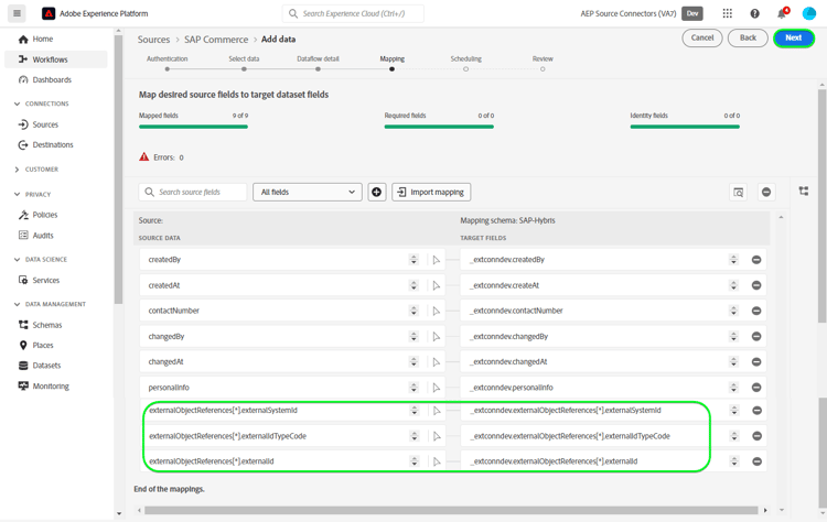 L’étape de mappage du workflow des sources.