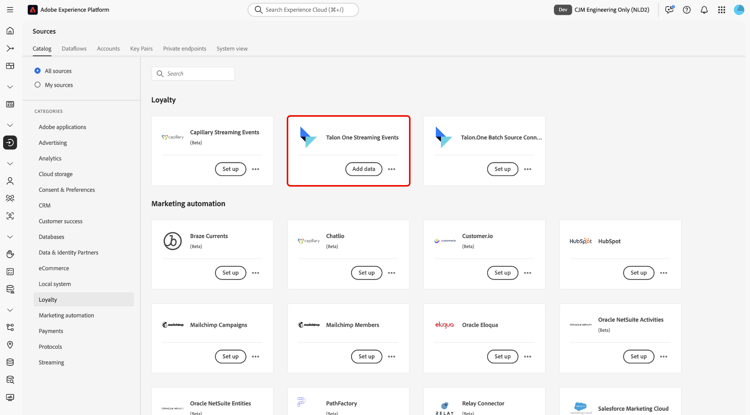 Le catalogue de sources dans l’interface utilisateur avec la carte Événements de streaming Talon.One sélectionnée.