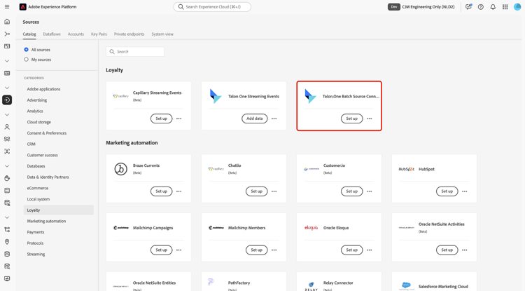 Le catalogue des sources avec la carte de connecteur source par lot Talon.One sélectionnée.