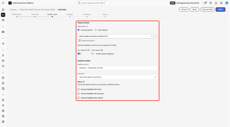 Interface des détails du flux de données.