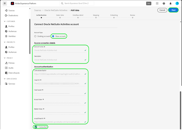 Copie d’écran de l’interface utilisateur de Platform pour connecter le compte d’activités Oracle NetSuite à un nouveau compte