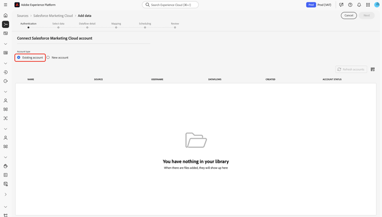Interface des comptes existants dans le workflow des sources avec « Compte existant » sélectionné.