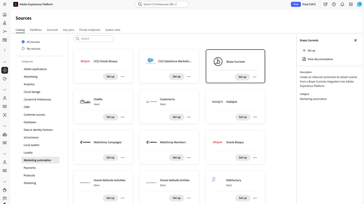 Le catalogue des sources sur l’interface utilisateur d’Experience Platform avec la source Courants de brasage sélectionnée.