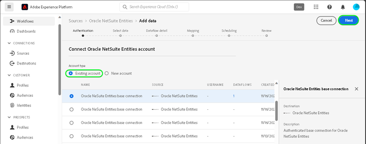 Copie d’écran de l’interface utilisateur de Platform pour connecter un compte Oracle NetSuite Entities à un compte existant