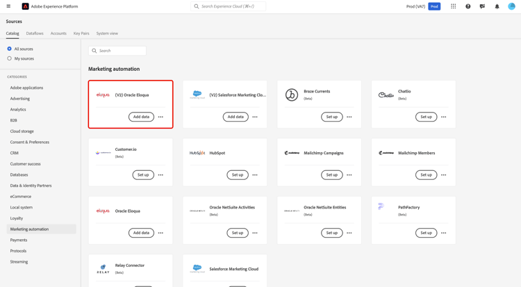 La carte source Eloqua dans le catalogue des sources avec le bouton Configurer en surbrillance.