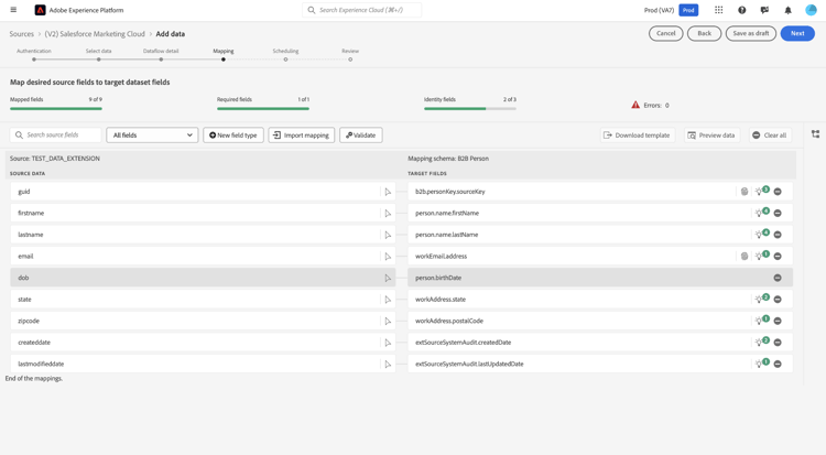 Étape de mappage du workflow des sources.