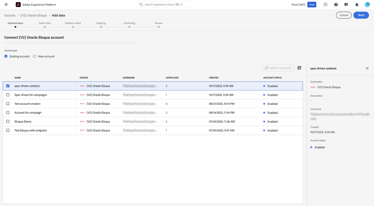 L’option Compte existant sélectionnée dans l’interface de création de compte.