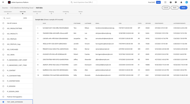 Étape de sélection des données du workflow des sources