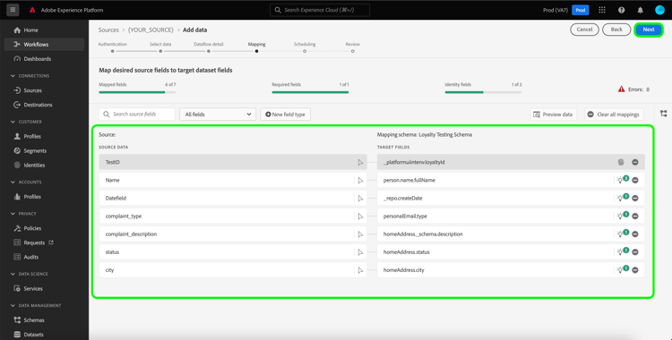 Étape de mappage du workflow des sources.