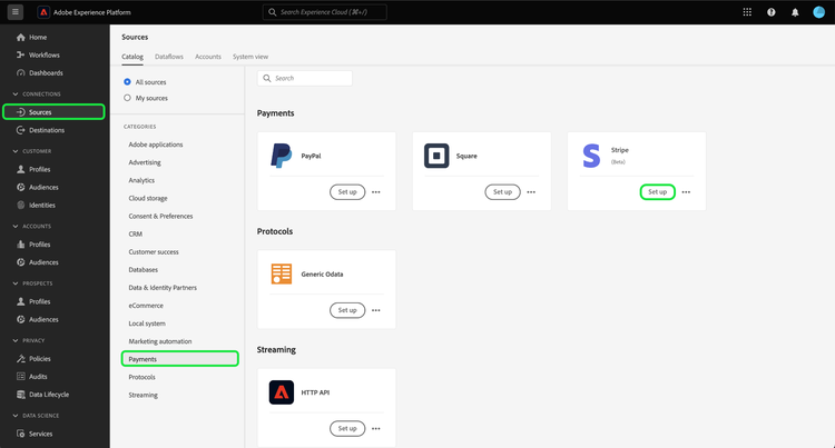 Catalogue des sources dans l’interface utilisateur de l’Experience Platform, avec la carte source du Stripe sélectionnée.