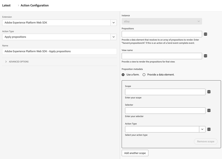L’interface utilisateur d’Experience Platform Tags affiche le type d’action Appliquer les propositions.