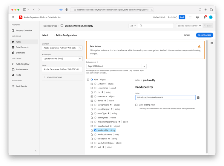 Capture d’écran de l’interface de configuration des actions présentant une propriété mise à jour
