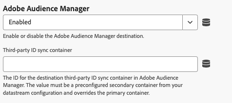 Image de l’interface utilisateur de l’extension de balise Web SDK montrant les paramètres de remplacement du flux de données Adobe Audience Manager.