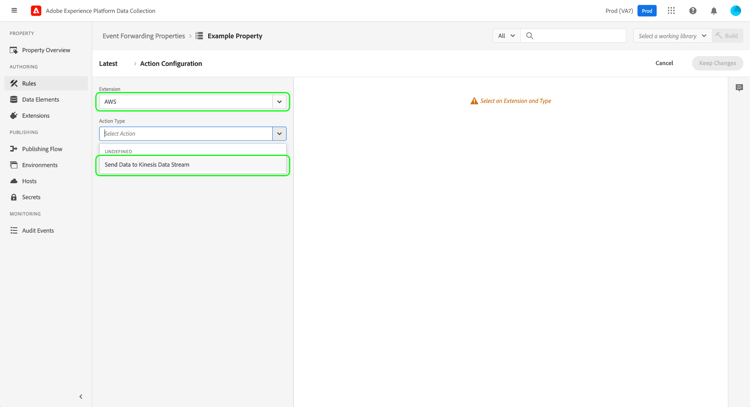 Le type d’action Envoyer des données au flux de données Kinesis est sélectionné pour une règle dans l’interface utilisateur de collecte de données.