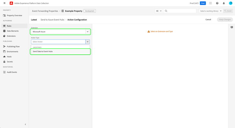 Le type d’action Envoyer des données aux centres d’événements sélectionné pour une règle dans l’interface utilisateur de collecte de données.