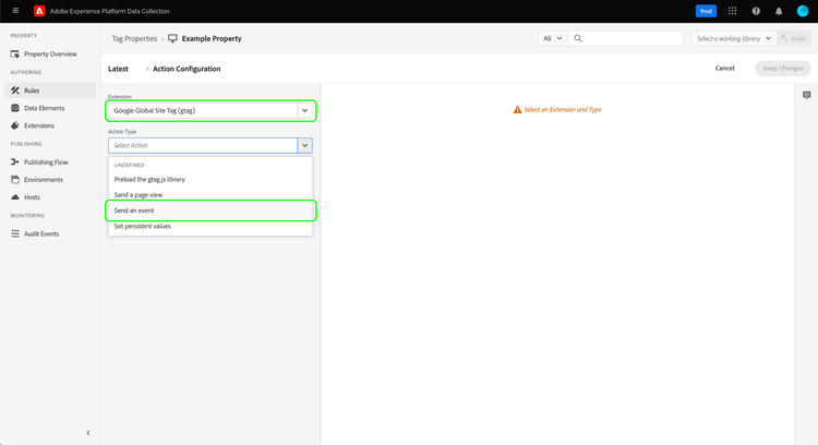 Type d’action Envoyer un événement sélectionné dans la vue de configuration des actions du workflow d’édition de règles.