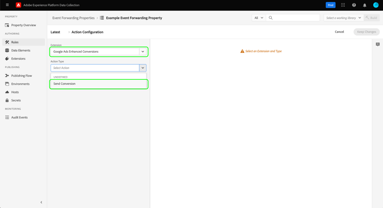 Le type daction Envoyer la conversion sélectionné dans la vue de configuration des actions du workflow dédition de règles.