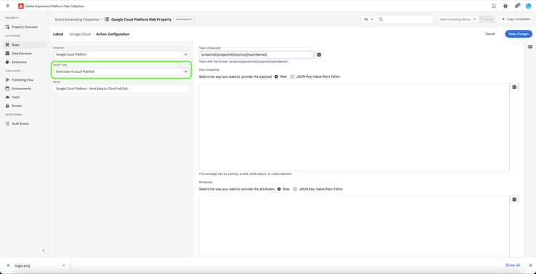 Vue de configuration de l’action pour Google Cloud Platform, avec l’action mise en surbrillance et Envoyer des données au Cloud Pub/Sub.