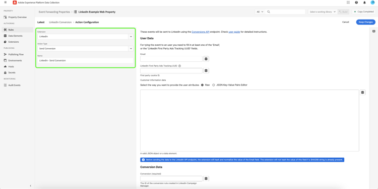 La vue Règles de propriété de transfert d’événement, avec les champs requis pour ajouter une configuration d’action de règle de transfert d’événement mise en surbrillance.