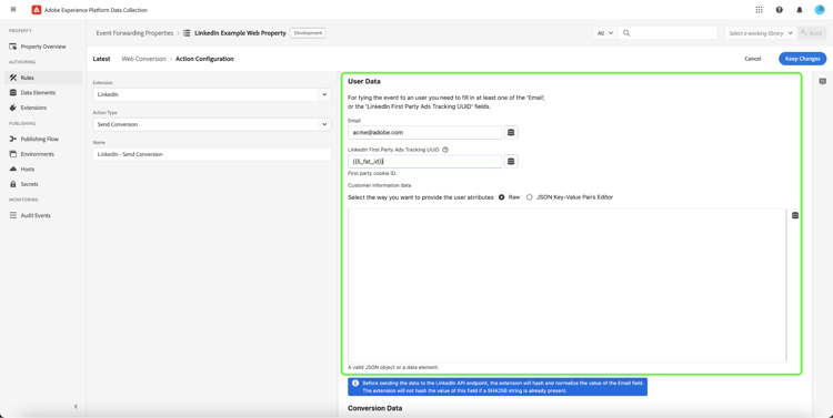 La section User Data présentant des exemples de saisie de données dans les champs.