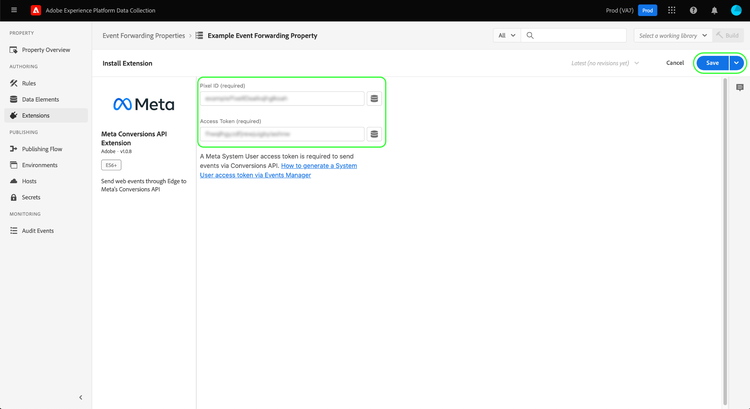 ID Pixel fourni en tant qu’élément de données dans la vue de configuration de l’extension.