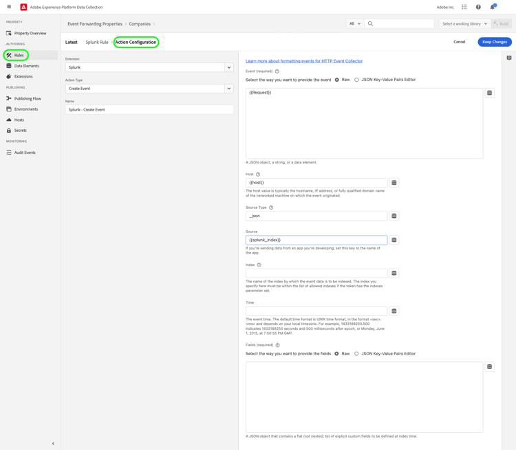 Définir la configuration d’une action