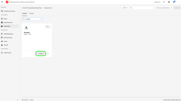 Bouton Configurer pour l’extension Zendesk sélectionnée dans l’interface utilisateur