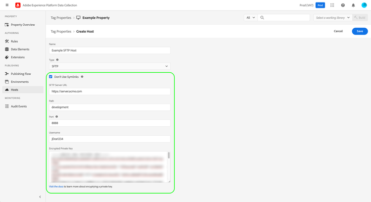 Image montrant les détails requis pour une connexion d’hôte SFTP