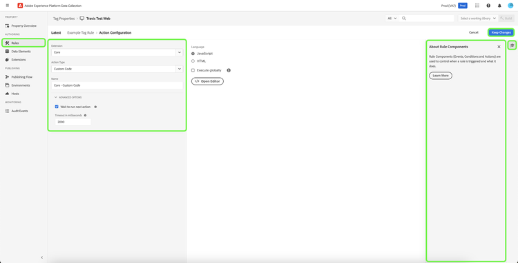 Page de configuration des actions de règles.