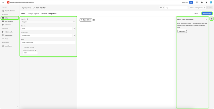 Page de configuration des conditions des règles.