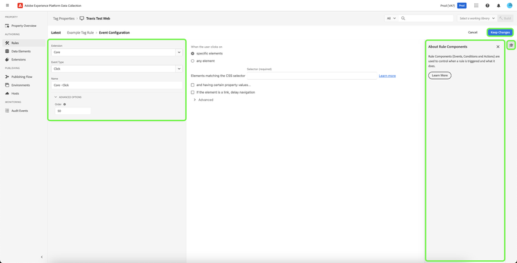 Page de configuration des événements de règles.