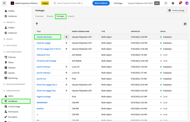 Onglet Packages dans la page Sandbox