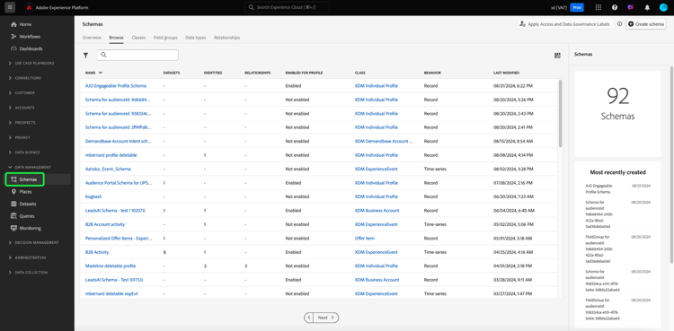 L’espace de travail des schémas avec les schémas surlignés dans l’interface utilisateur de Platform dans la navigation de gauche.