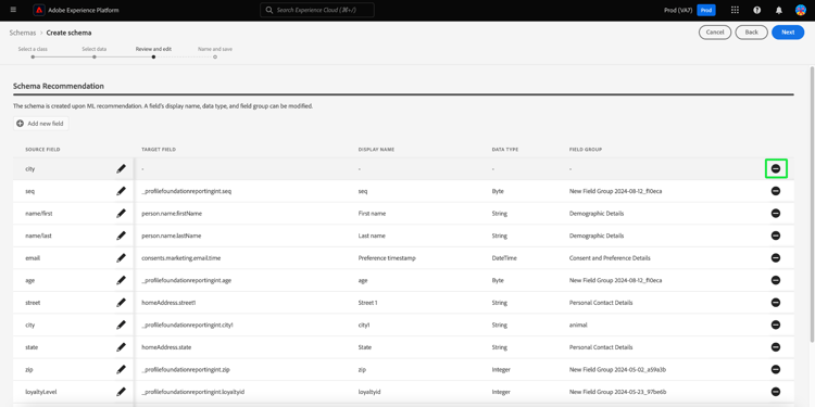 L’étape de révision et d’édition du workflow de création de schéma avec l’icône moins mise en surbrillance.