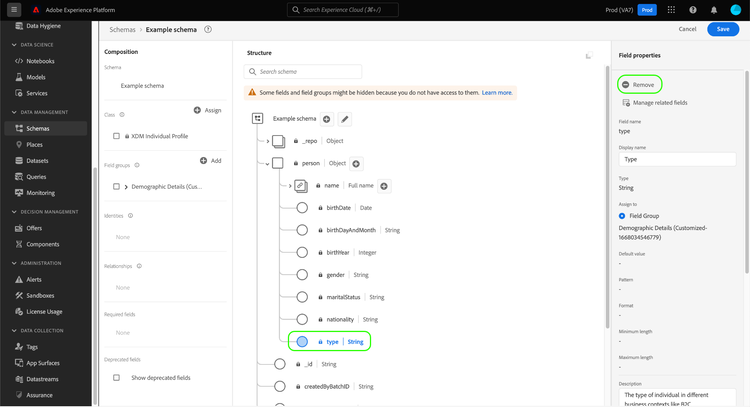 Le Schema Editor avec Supprimer surligné. Cette action supprime un seul champ.