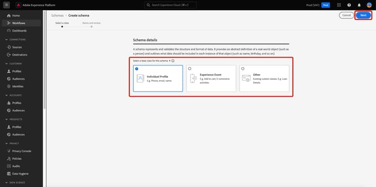 Workflow Create schema avec les trois options de classe et les Next mises en surbrillance.