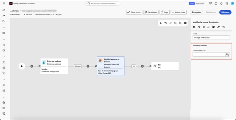 L’option de source de données est mise en surbrillance dans l’espace de travail Composition d’audiences fédérées.
