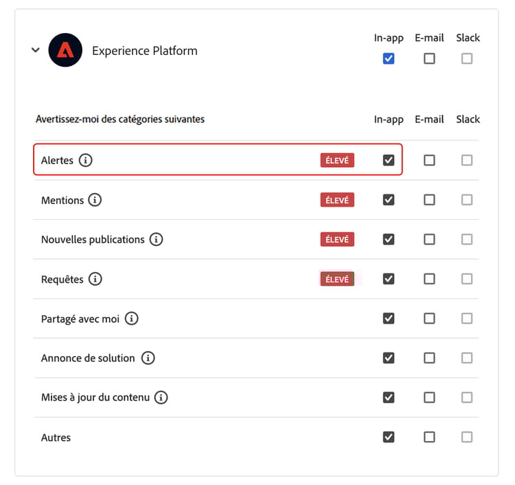 La case à cocher In-app est sélectionnée dans la section Experience Platform.