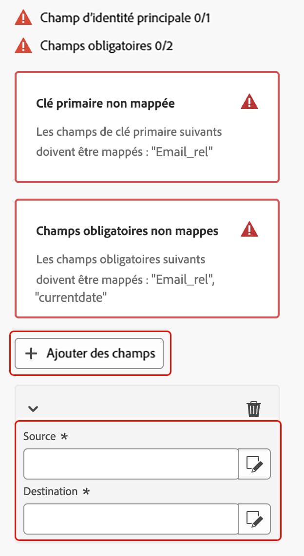 Le bouton d’ajout de champs et la section de mappage des champs sont mis en surbrillance.