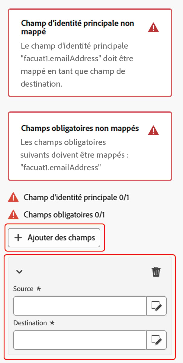 Le bouton d’ajout de champs et la section de mappage des champs sont mis en surbrillance.